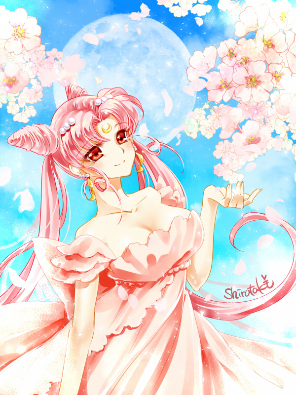bare_shoulders bishoujo_senshi_sailor_moon blue_background breasts cherry_blossoms chibi_usa cleavage closed_mouth collarbone cowboy_shot crescent double_bun dress earrings facial_mark forehead_mark full_moon hair_ornament hairpin jewelry long_hair looking_at_viewer medium_breasts moon older petals pink_dress pink_hair red_eyes shirataki_kaiseki signature small_lady_serenity smile solo twintails