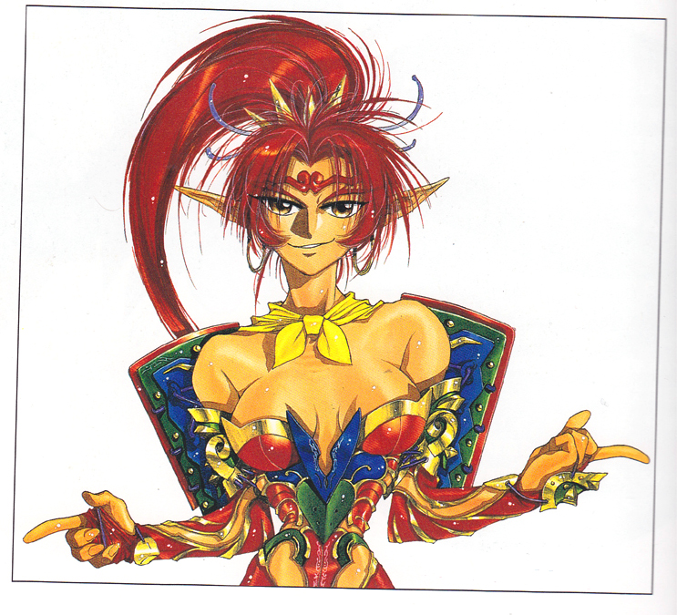 bare_shoulders breasts bridal_gauntlets cleavage gunbird hoop_earrings kerchief long_ears looking_at_viewer nakamura_hirofumi official_art pointy_ears ponytail psikyo red_hair traditional_art yuan_nang