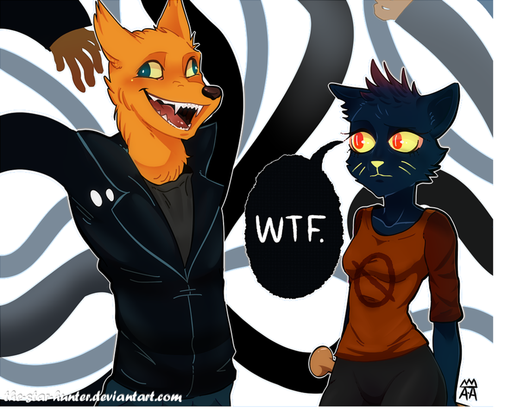 2017 5_fingers abstract_background anthro biped black_nose blue_eyes blue_fur breasts canine cat clothed clothing derp_eyes dialogue duo fangs feline female fox fur gregg_(nitw) humanoid_hands jacket looking_at_another mae_(nitw) male mammal night_in_the_woods open_mouth portrait red_eyes signature slit_pupils snout standing teeth the-star-hunter three-quarter_portrait tongue watermark yellow_fur yellow_sclera