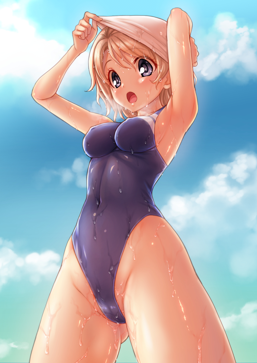 blue_eyes blue_swimsuit breath cloud competition_swimsuit covered_navel cowboy_shot day from_below highleg highleg_swimsuit highres love_live! love_live!_sunshine!! one-piece_swimsuit open_mouth outdoors removing_hat shimashima_salmon short_hair silver_hair sky solo swim_cap swimsuit watanabe_you wet wet_clothes wet_swimsuit