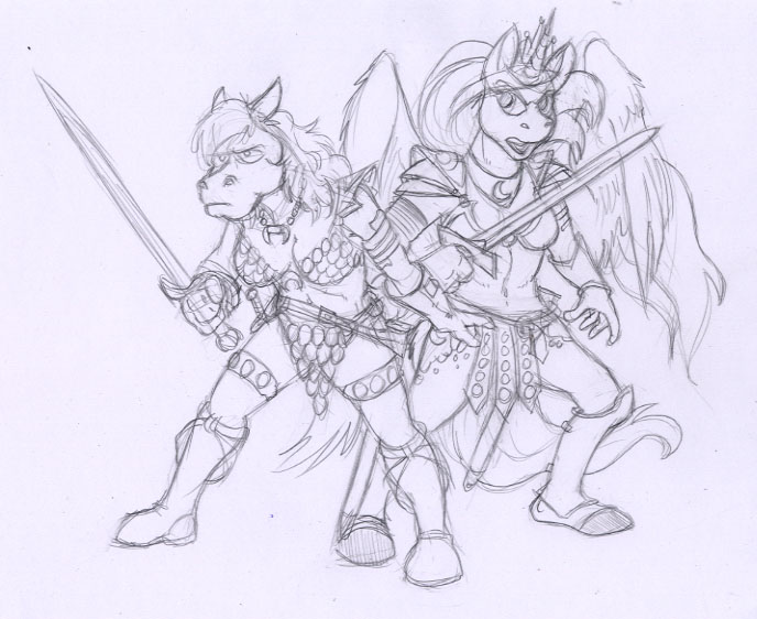 2017 anthro armband armor bikini boots breasts chainmail_bikini cleavage clothed clothing collar crown duo equine feathered_wings feathers female footwear friendship_is_magic gloves greaves holding_object holding_weapon horn horse jewelry mammal melee_weapon midriff my_little_pony navel necklace open_mouth princess_luna_(mlp) rabbi-tom red_shetland sketch standing swimsuit sword unconvincing_armor vambraces weapon winged_unicorn wings