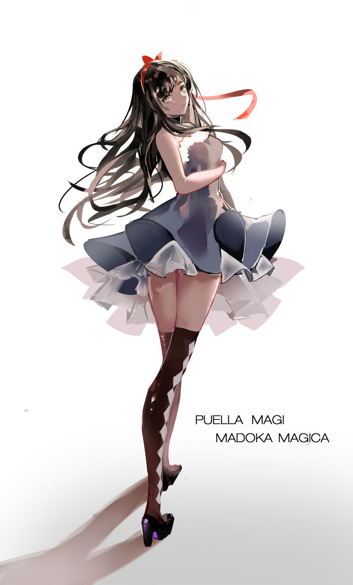10s 1girl akemi_homura alternate_outfit bare_shoulders black_hair black_thighhighs bow breasts bxr closed_mouth copyright_name dress expressionless from_behind full_body hair_bow hair_ornament hair_ribbon headband high_heels long_hair looking_at_viewer mahou_shoujo_madoka_magica shadow sign simple_background sleeveless sleeveless_dress solo standing strapless text thighhighs white_background