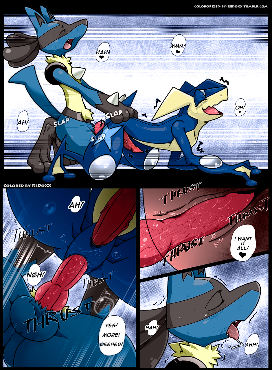 &lt;3 anal anal_penetration anthro anus balls blue_balls colored comic duo edit english_text erection fur gaping gaping_anus greninja hi_res kivwolf knot lucario male male/male nintendo outside penetration penis pok&eacute;mon red_eyes redoxx shocked text video_games