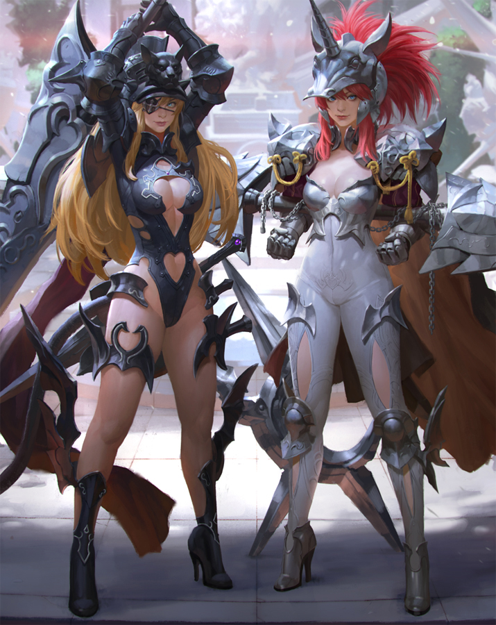 armor blonde_hair blue_eyes bodystocking breasts center_opening cleavage double-blade eyepatch fantasy full_body gauntlets greaves heart_cutout helmet high_heels horn horned_helmet huge_weapon kilart knee_pads large_breasts leotard lips long_hair multiple_girls nose original pauldrons planted_weapon ponytail red_hair revision sidelocks standing sword weapon