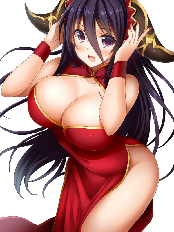 adjusting_headwear black_hair blush breasts character_request cleavage eyebrows_visible_through_hair horns inma_kourin_devil_carnival large_breasts long_hair looking_at_viewer nail_polish open_mouth purple_eyes red_nails seta_(monyun) smile solo