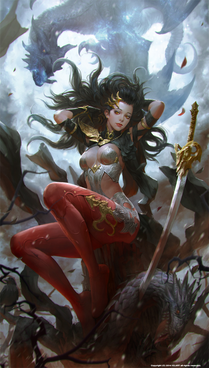 armlet black_hair blood bloody_weapon bracer breasts commentary dragon fantasy hair_ornament hands_in_hair highres kilart lips long_hair medium_breasts nose original pantyhose planted_sword planted_weapon red_eyes red_legwear revealing_clothes revision solo_focus sword very_long_hair weapon wind wind_lift