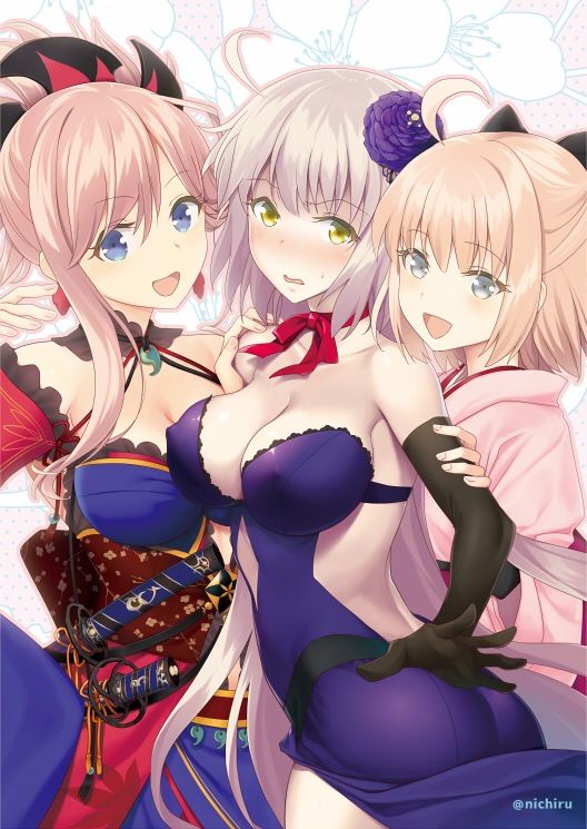 ahoge alternate_costume ass black_gloves blonde_hair blue_dress blue_eyes blush bow breasts collarbone dress fate/grand_order fate_(series) gloves hair_ornament japanese_clothes jeanne_d'arc_(alter)_(fate) jeanne_d'arc_(fate)_(all) jewelry kimono koha-ace large_breasts long_hair looking_at_viewer miyamoto_musashi_(fate/grand_order) multiple_girls nichiru off_shoulder okita_souji_(fate) okita_souji_(fate)_(all) open_mouth pink_hair ponytail sash shinsengumi short_hair short_kimono silver_hair sword wavy_mouth weapon yellow_eyes