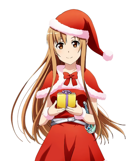 asuna_(sao) bow bowtie box brown_eyes brown_hair capelet cowboy_shot dress gift gift_box hat head_tilt holding holding_box long_hair looking_at_viewer official_art red_bow red_capelet red_dress red_hat red_neckwear santa_costume santa_hat sheath sheathed solo standing sword sword_art_online sword_art_online:_code_register transparent_background very_long_hair weapon wrist_cuffs