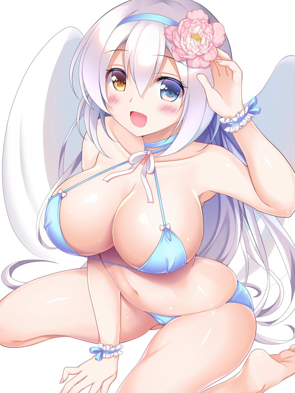 angel_wings bikini blue_bikini blue_eyes blue_hairband blush breasts character_request cleavage eyebrows_visible_through_hair flower hair_flower hair_ornament hairband heterochromia inma_kourin_devil_carnival large_breasts long_hair looking_at_viewer open_mouth ribbon seiza seta_(monyun) silver_hair sitting smile solo swimsuit white_ribbon wings wrist_cuffs yellow_eyes