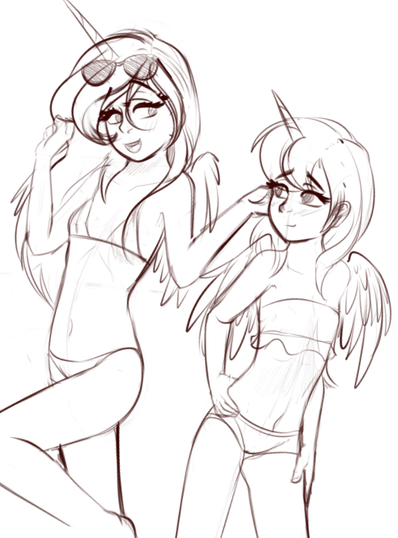2017 alternate_species animal_humanoid bikini clothing darkhazard duo eyewear feathered_wings feathers female friendship_is_magic hair horn humanoid humanoidized long_hair monochrome my_little_pony open_mouth princess_celestia_(mlp) princess_luna_(mlp) sibling simple_background sister sisters sketch swimsuit white_background wings young