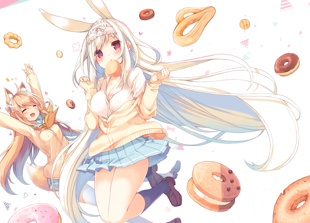 :d ^_^ ahoge animal_ear_fluff animal_ears arms_up bangs black_legwear blue_skirt blush breasts bunny_ears cardigan cleavage closed_eyes commentary_request cynthia_riddle doughnut floating_hair food food_in_mouth fox_ears fox_tail full_body hairband large_breasts loafers lolita_hairband long_hair long_sleeves looking_at_viewer milia_leclerc miniskirt mouth_hold multiple_girls off_shoulder open_mouth original p19 pleated_skirt pon_de_ring red_eyes school_uniform shirt shoes sidelocks silver_hair skirt smile socks tail very_long_hair white_shirt