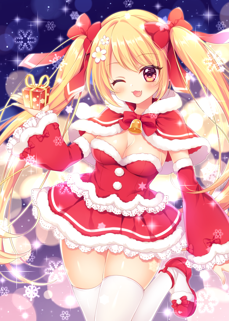 ;3 ;d bangs blonde_hair blue_background blush bow box breasts capelet christmas cleavage commentary_request cowboy_shot detached_sleeves dress eyebrows_visible_through_hair flower fur-trimmed_capelet fur-trimmed_dress fur-trimmed_sleeves fur_trim gift gift_box hair_flower hair_ornament hand_up head_tilt holding holding_gift lace lace-trimmed_dress lace-trimmed_sleeves leg_up long_hair looking_at_viewer medium_breasts mitsuba_choco one_eye_closed open_mouth original pink_eyes purple_background red_bow red_dress red_footwear red_ribbon ribbon santa_costume shiny shiny_hair shiny_skin shoe_bow shoes skindentation smile snowflake_print snowflakes solo sparkle standing standing_on_one_leg swept_bangs thighhighs twintails very_long_hair white_flower white_legwear wide_sleeves yellow_ribbon