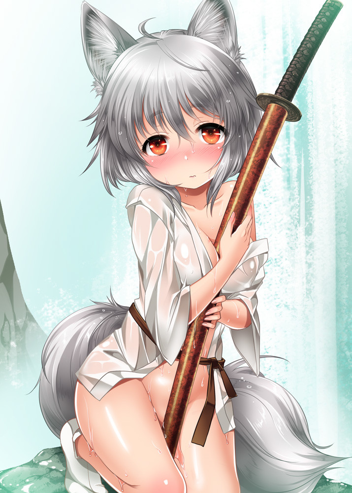 animal_ears blush bottomless breasts covered_nipples holding holding_sword holding_weapon inubashiri_momiji kei_kei looking_at_viewer medium_breasts off_shoulder red_eyes sash sheath sheathed silver_hair socks solo sword tail touhou weapon wet wet_clothes wet_hair white_legwear wolf_ears wolf_tail