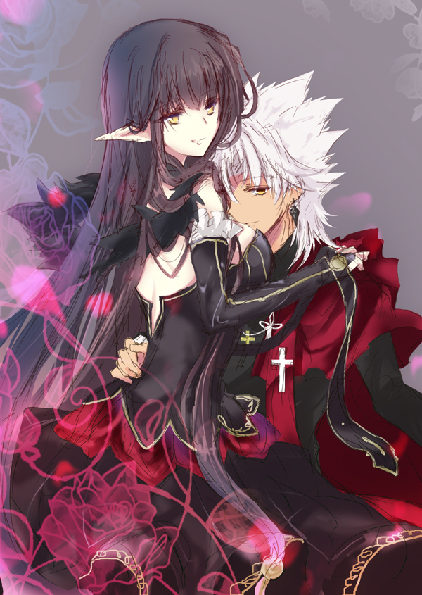 1boy 1girl assassin_of_red black_hair breasts brown_eyes cloak dark_skin detached_sleeves dress earrings fate/apocrypha fate_(series) flower frills grey_hair kotomine_shirou pointy_ears rose short_hair smile very_long_hair