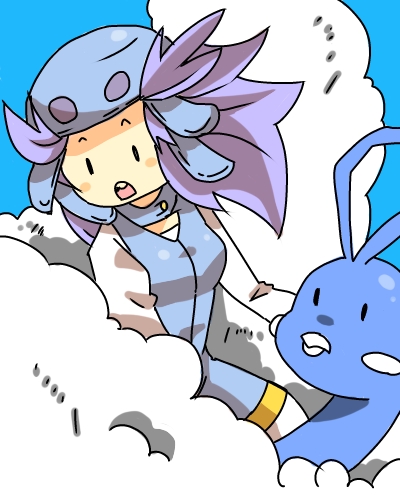 altaria bad_id bad_pixiv_id beak bird blue_background blue_helmet blush_stickers breasts buttons cloud d: floating_hair frown gen_3_pokemon gym_leader hair_flaps helmet long_hair long_sleeves looking_away looking_down lowres matsumoto_waka medium_breasts nagi_(pokemon) open_mouth pantyhose pokemon pokemon_(creature) pokemon_(game) pokemon_rse purple_hair raised_eyebrows riding simple_background solid_oval_eyes teeth tongue unitard white_legwear wind