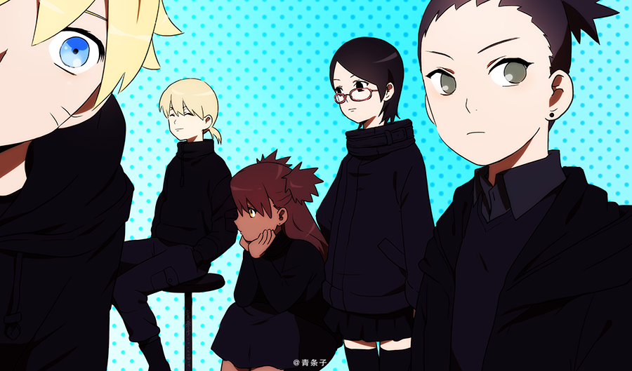 3boys akimichi_chouchou blonde_hair closed_eyes dark_skin flat_color glasses lee1210 looking_at_viewer multiple_boys multiple_girls nara_shikadai naruto naruto_(series) sitting smile spiked_hair uchiha_sarada uzumaki_boruto whisker_markings yamanaka_inojin