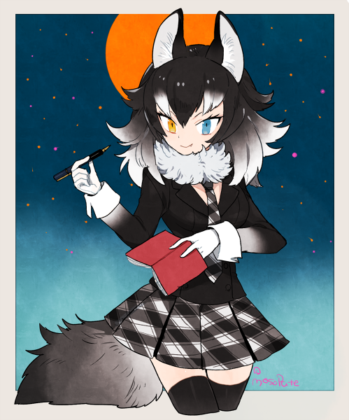 animal_ears artist_name beige_border black_border black_hair black_jacket black_legwear blazer blue_eyes border breasts buttons cowboy_shot eyelashes fang full_moon fur_collar gloves gradient_clothes gradient_hair gradient_sky grey_wolf_(kemono_friends) hair_between_eyes heterochromia holding holding_pen jacket kemono_friends l_hakase long_sleeves looking_at_viewer medium_breasts medium_hair moon multicolored_hair necktie night notebook outdoors outside_border pen plaid plaid_neckwear plaid_skirt pleated_skirt signature skirt sky sleeve_cuffs smile solo star_(sky) tail thighhighs tsurime two-tone_hair white_gloves white_hair wolf_ears wolf_tail yellow_eyes zettai_ryouiki