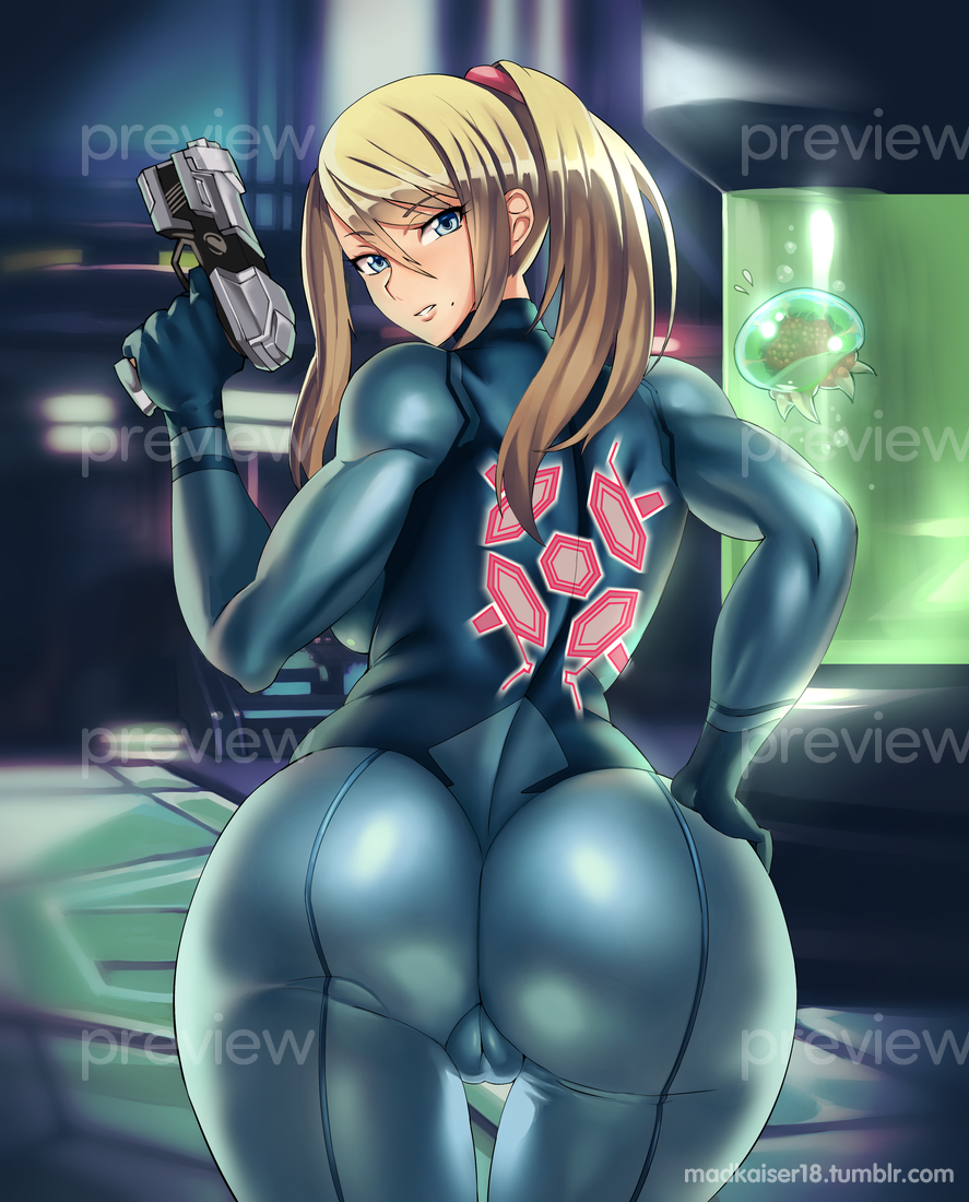 ass blonde_hair blue_bodysuit blue_eyes bodysuit breasts cameltoe eyebrows_visible_through_hair from_behind gun hand_on_hip indoors long_hair looking_at_viewer madkaiser medium_breasts metroid metroid_(creature) mole mole_under_mouth muscle nintendo parted_lips ponytail preview samus_aran weapon