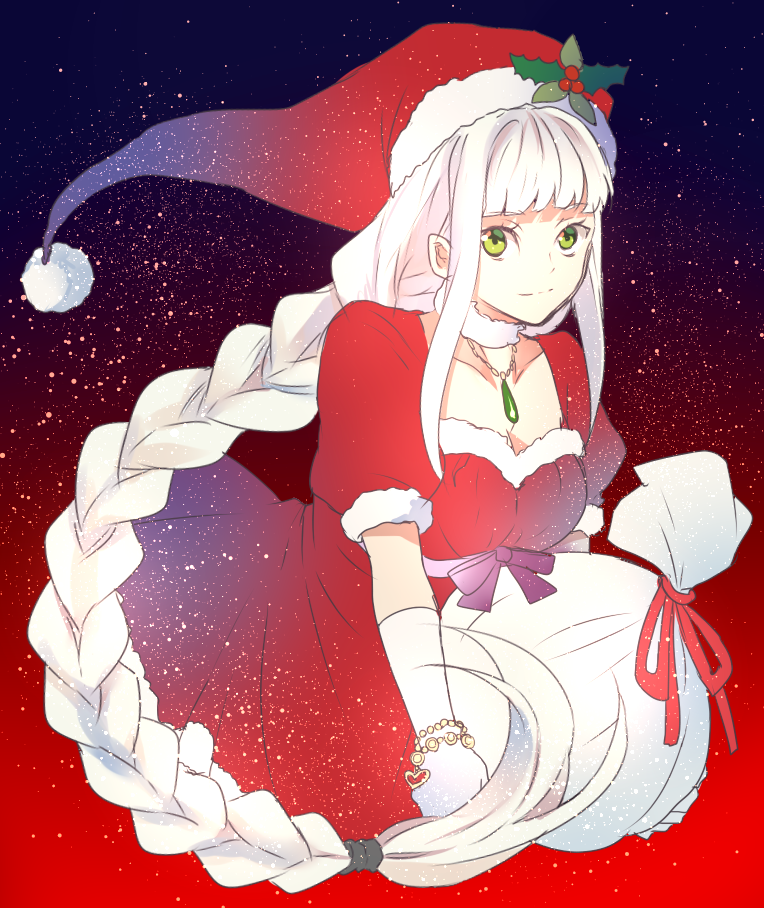 1girl bracelet breasts choker christmas cleavage dress gloves green_eyes hat lailah_(tales) necklace ribbon santa_hat smile tales_of_(series) tales_of_zestiria very_long_hair white_hair