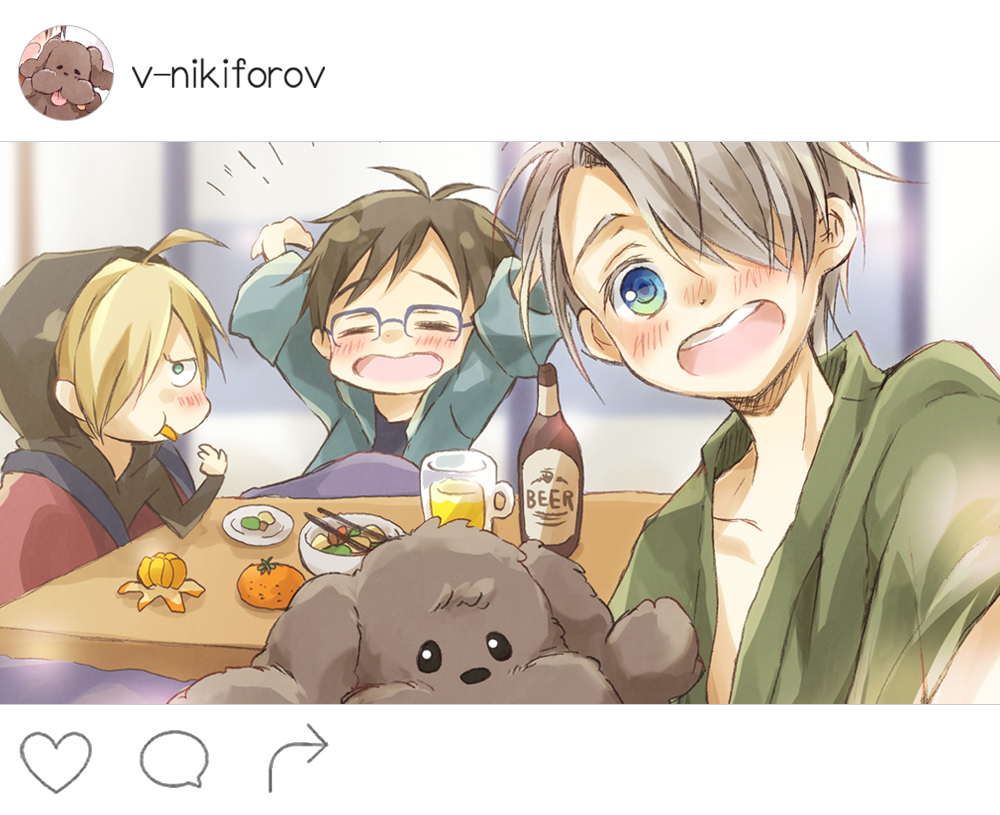 =_= alcohol bad_id bad_pixiv_id beer beer_bottle beer_mug black_hair blonde_hair blue_eyes bowl chopsticks cosora dog eating fake_screenshot food fruit green_eyes hair_over_one_eye hood hoodie instagram japanese_clothes katsuki_yuuri kotatsu makkachin male_focus multiple_boys open_mouth orange self_shot silver_hair smile table viktor_nikiforov yuri!!!_on_ice yuri_plisetsky