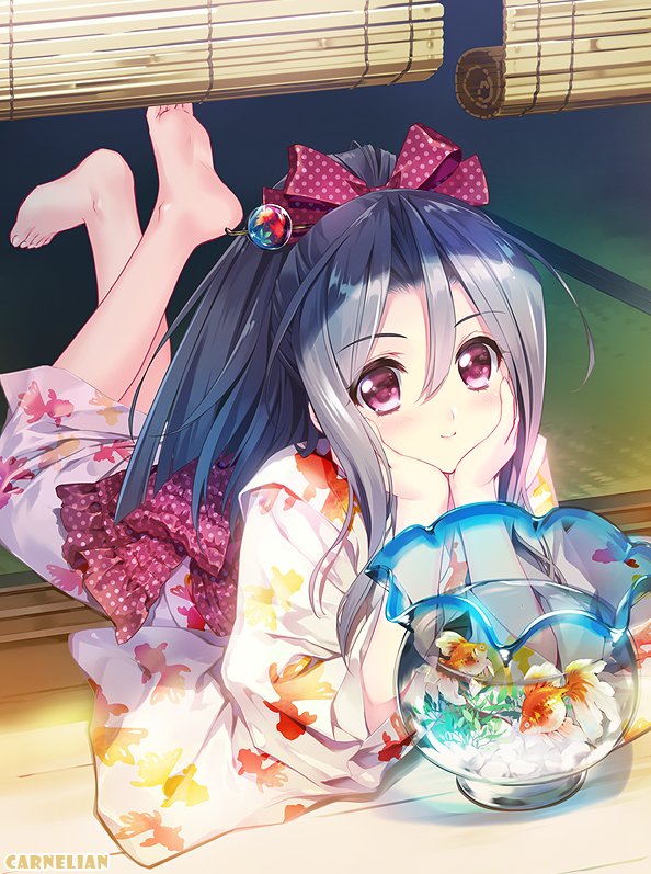 animal_print artist_name barefoot bow brown_hair carnelian elbow_rest feet feet_up fish fish_print floral_print goldfish hair_between_eyes hair_bow hair_ornament hair_ribbon high_ponytail japanese_clothes kantai_collection long_hair looking_at_viewer lying on_stomach pink_eyes ribbon smile solo tatami wide_sleeves wooden_floor zuihou_(kantai_collection)