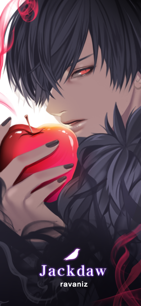 apple artist_name backlighting black_hair black_nails character_name face food fruit fur_trim hair_over_one_eye herowarz jackdaw lips male_focus nail_polish profile ravaniz red_eyes solo white_background