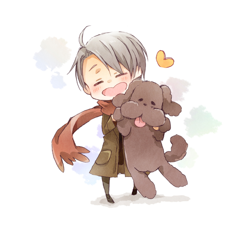 =_= chibi closed_eyes coat cosora dog heart makkachin male_focus open_mouth scarf silver_hair smile tongue tongue_out viktor_nikiforov yuri!!!_on_ice