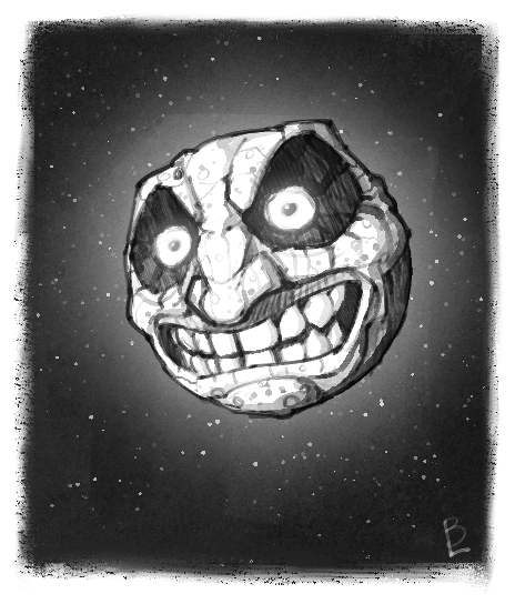 ambiguous_gender border creepy glowing glowing_eyes grin lapinbeau majora's_mask monochrome monster moon nintendo not_furry rock scary sky smile solo star teeth the_legend_of_zelda video_games white_border