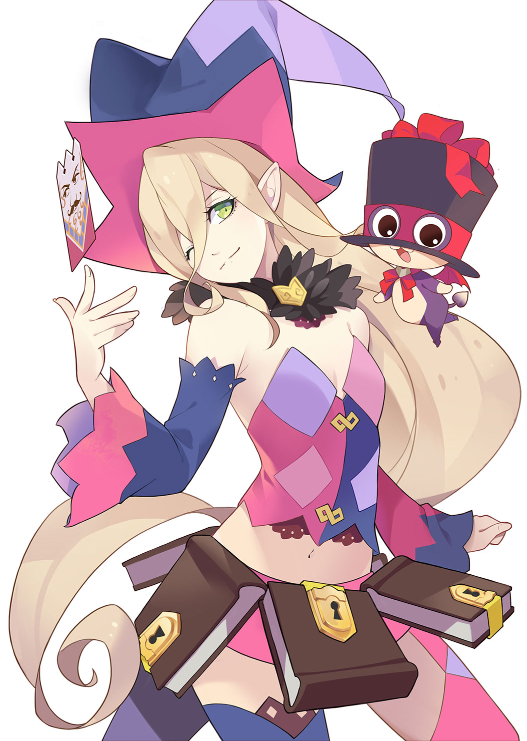 bienfu_(tales) black_sleeves blonde_hair blue_legwear book bow closed_mouth cowboy_shot creature detached_sleeves green_eyes hat highres kllsiren long_hair looking_at_viewer magilou_(tales) mismatched_legwear mismatched_sleeves one_eye_closed pink_legwear pink_shorts pink_sleeves pointy_ears purple_hat red_bow shorts smile tales_of_(series) tales_of_berseria thigh_strap thighhighs top_hat white_background witch_hat