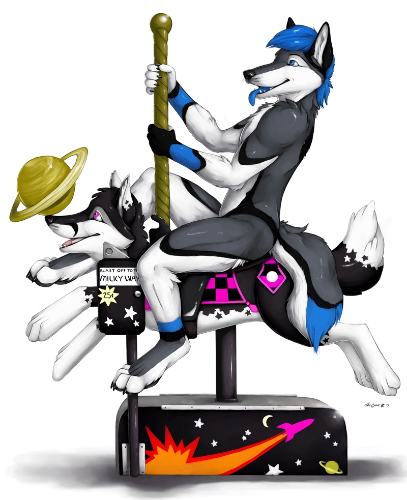 anthro black_fur blue_eyes blue_fur canine claws fur grey_fur happy looking_up male mammal milkyway pads_(disambiguation) panting pawpads paws pink_eyes planet riding saddle simple_background sitting straddling tagme tongue tongue_out truegrave9 white_background white_fur wolf