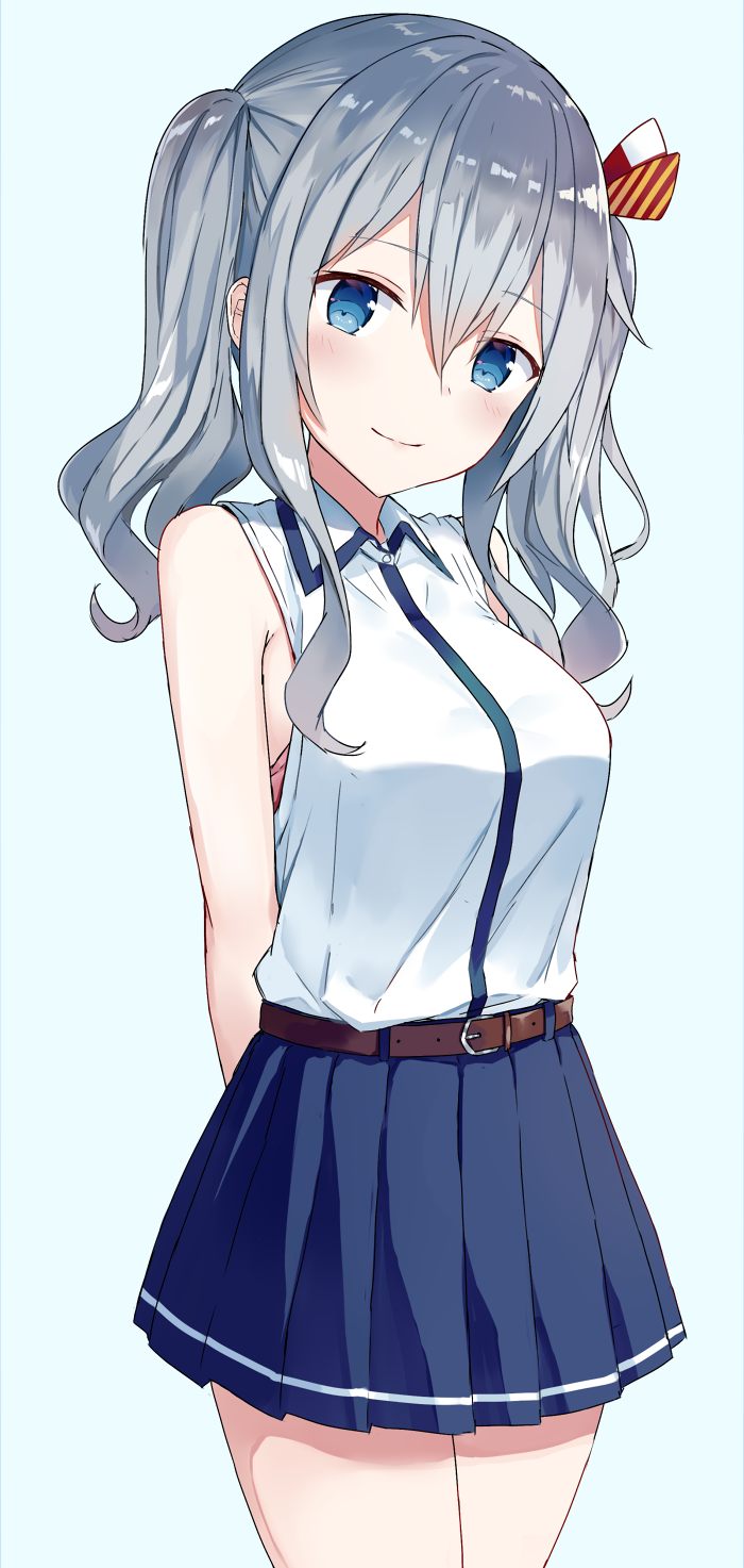 arms_behind_back bare_arms bare_shoulders blue_eyes breasts casual hair_ornament highres kantai_collection kashima_(kantai_collection) long_hair looking_at_viewer medium_breasts pleated_skirt shikuro_(iorimiyakiyo) silver_hair skirt solo twintails wavy_hair