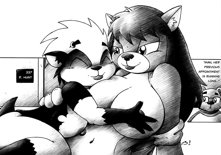 anthro areola bear big_breasts breast_pillow breasts canine dog drake_fenwick duo_focus english_text eyebrow_piercing eyewear facial_piercing female female/female glasses group happy male mammal monochrome mostly_nude navel nipple_piercing nipples piercing raven_hunt smile text wolf