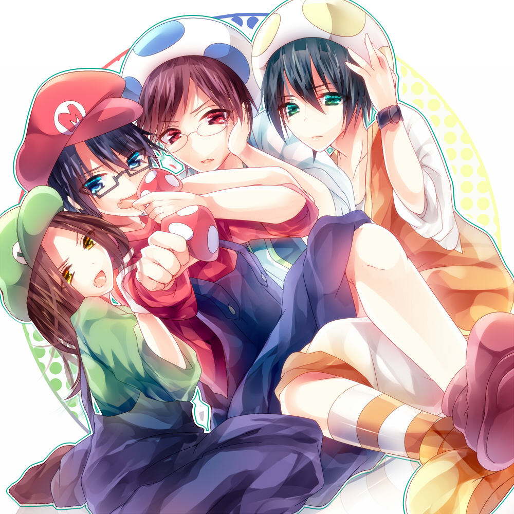 aromahot black_hair blue_eyes blush brown_hair cosplay eoheoh eyebrows_visible_through_hair fang fb777 glasses green_eyes green_hat hat kikkun-mk-ii long_hair looking_at_viewer luigi luigi_(cosplay) m.s.s_project male_focus mario mario_(cosplay) mario_(series) multiple_boys mushroom ntk_(7t5) open_mouth overalls oversized_clothes red_eyes red_hair red_hat semi-rimless_eyewear short_hair smile super_mario_bros. toad toad_(cosplay) watch white_hat wristwatch yellow_eyes