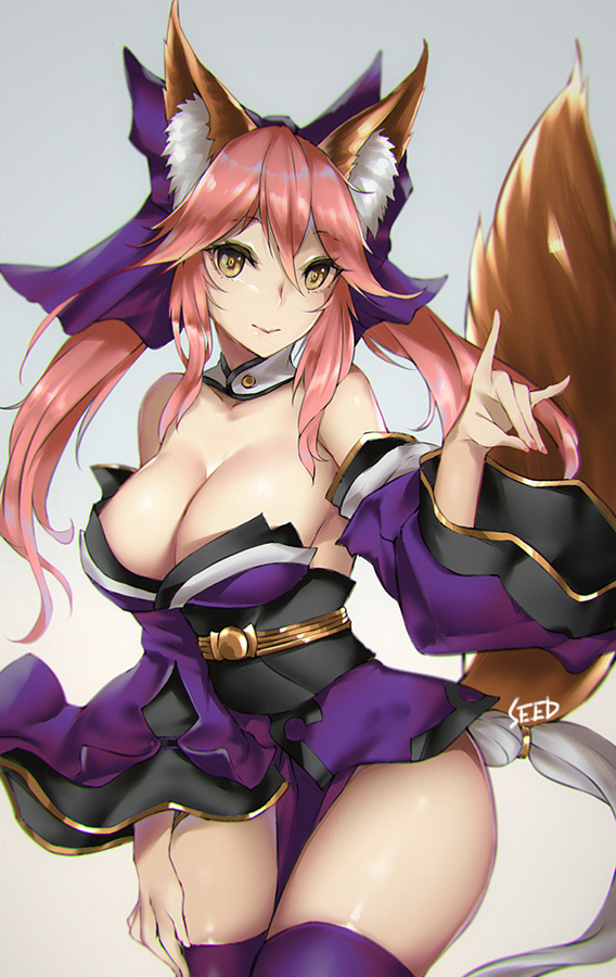 animal_ears banned_artist bare_shoulders breasts cleavage fate_(series) finger_puppet fox_ears fox_tail large_breasts long_hair looking_at_viewer pink_hair puppet purple_legwear solo tail tamamo_(fate)_(all) tamamo_no_mae_(fate) thighs viola_(seed) yellow_eyes