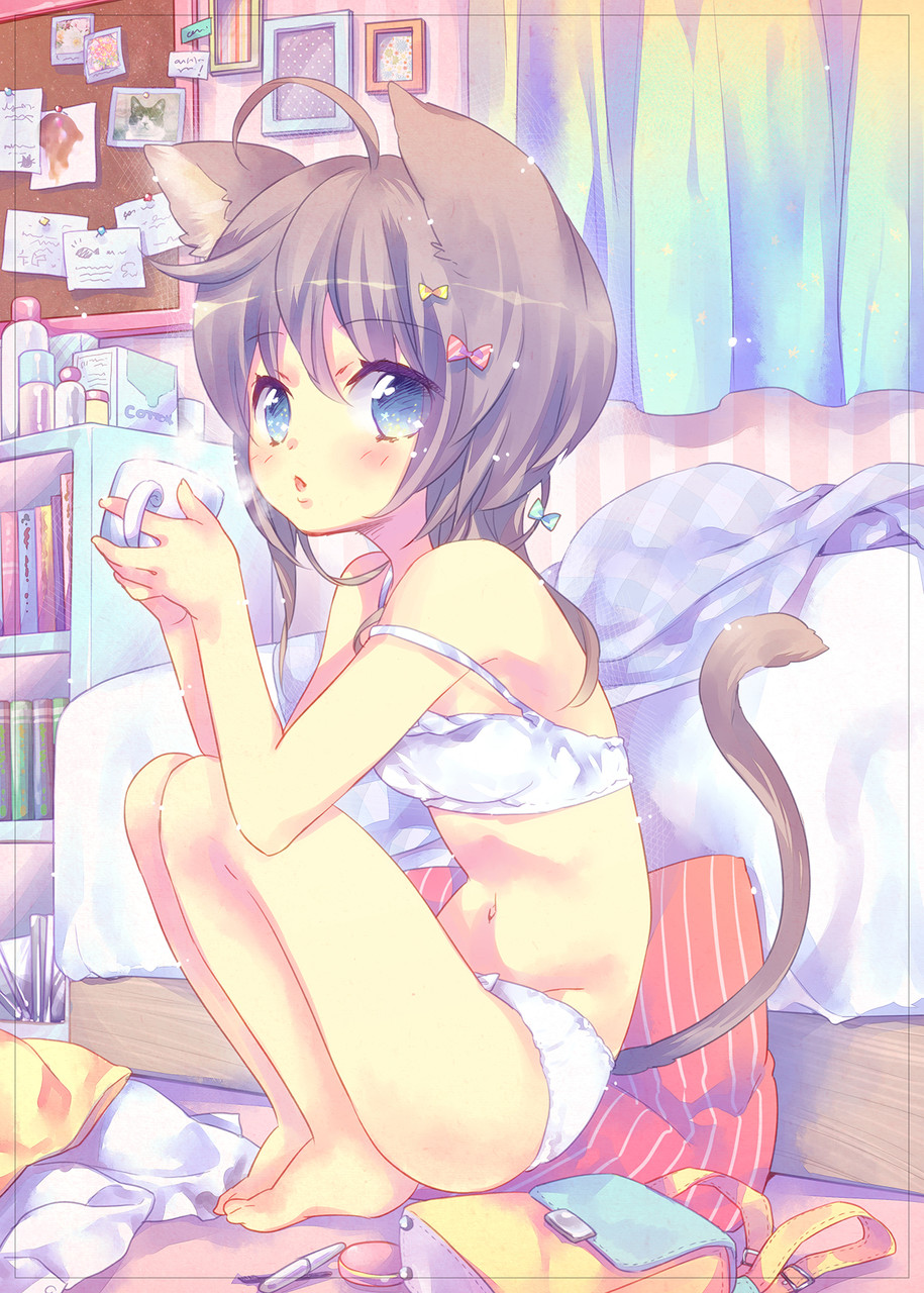 ahoge animal_ears backpack bad_id bad_pawoo_id bag bangs bed bedroom blanket blue_eyes blush board bookshelf bra breath brown_hair cat_ears cat_girl cat_tail cup ech eyebrows_visible_through_hair grey_hair hair_between_eyes highres holding holding_cup indoors legs_together looking_at_viewer navel open_mouth original panties parted_lips pen photo_(object) picture_frame plaid_blanket short_hair_with_long_locks sitting solo steam strap_slip tail tareme underwear underwear_only white_bra white_panties