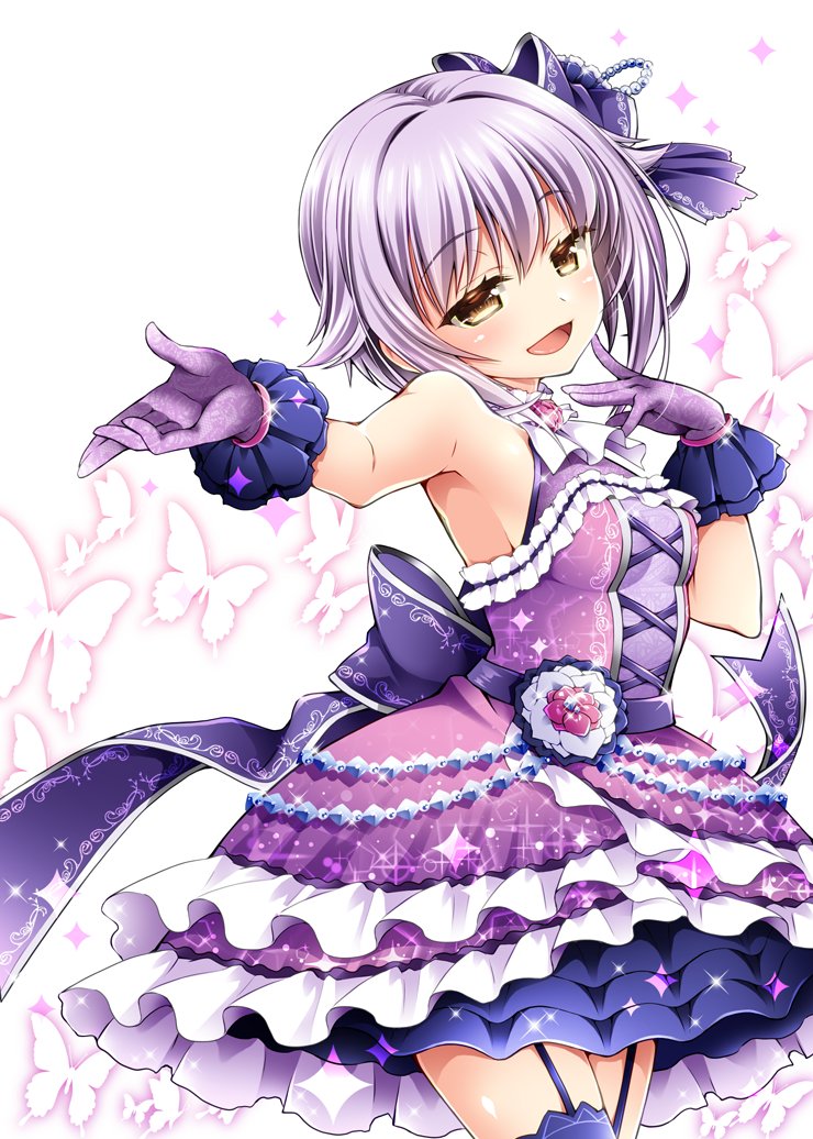 :d blush breasts brown_eyes bug butterfly dress garter_straps gloves hair_flaps hair_ornament idolmaster idolmaster_cinderella_girls idolmaster_cinderella_girls_starlight_stage insect koshimizu_sachiko looking_at_viewer open_mouth purple_dress purple_gloves purple_hair sasahiro short_hair sideboob small_breasts smile solo
