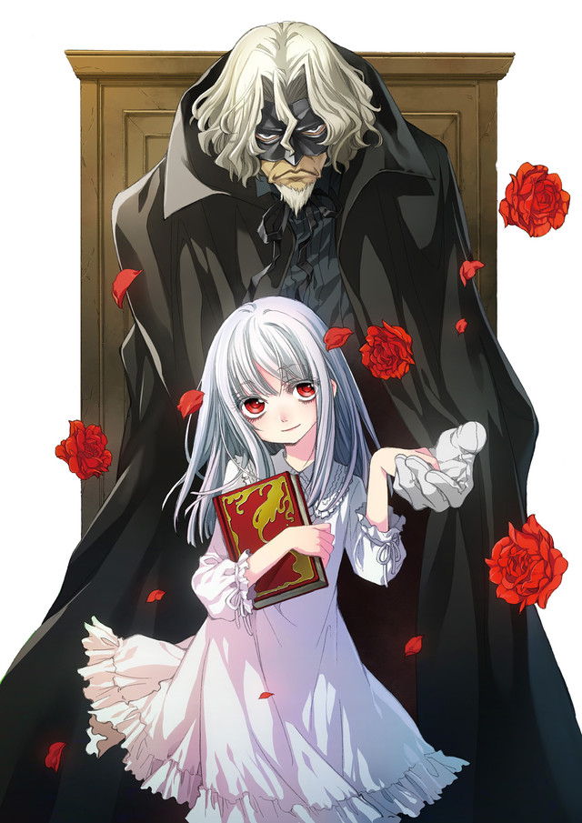 1girl abyss albino book cape dress el_(sound_horizon) elysion flower frilled_dress frilled_shirt_collar frills gloves kinoshita_sakura long_hair looking_at_viewer mask official_art old_man red_eyes short_hair smile sound_horizon white_dress white_hair