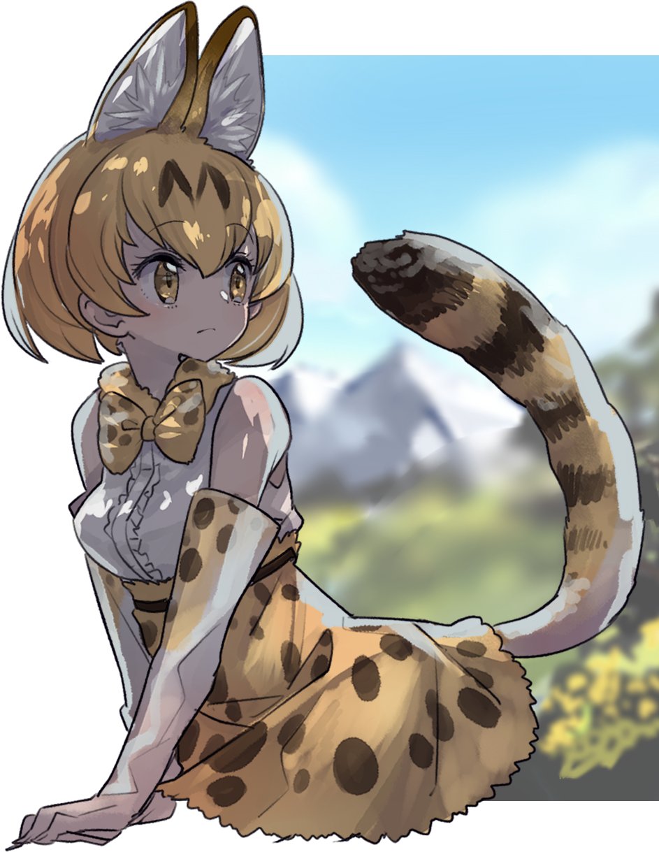 animal_ears bare_shoulders belt blue_sky blurry blurry_background border bow bowtie bush closed_mouth cloud dappled_sunlight day elbow_gloves expressionless extra_ears eyebrows_visible_through_hair eyelashes frilled_shirt frills gloves grass hands_together high-waist_skirt highres jpeg_artifacts kemono_friends light_brown_eyes looking_away mountain orange_hair outdoors outside_border own_hands_together ritsu_(roboroboro) sanpaku serval_(kemono_friends) serval_ears serval_print serval_tail shirt short_hair skirt sky sleeveless sleeveless_shirt solo striped_tail sunlight tail tareme upper_body white_border