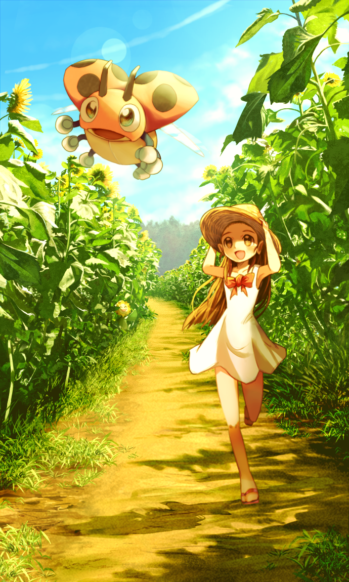:d armpits arms_up bare_arms bare_legs bare_shoulders bow bowtie brown_eyes brown_hair brown_hat cloud collarbone commentary_request day dress error field flower flower_field full_body gen_2_pokemon green_eyes gym_leader hand_on_headwear hat ledyba leg_up lens_flare light_rays long_hair md5_mismatch mikan_(pokemon) no_legwear no_socks open_mouth path plant pokemon pokemon_(creature) pokemon_(game) pokemon_hgss red_bow red_neckwear revision ribero road running sandals shadow sleeveless sleeveless_dress smile summer sun_hat sundress sunflora sunflower sunlight wrong_feet younger