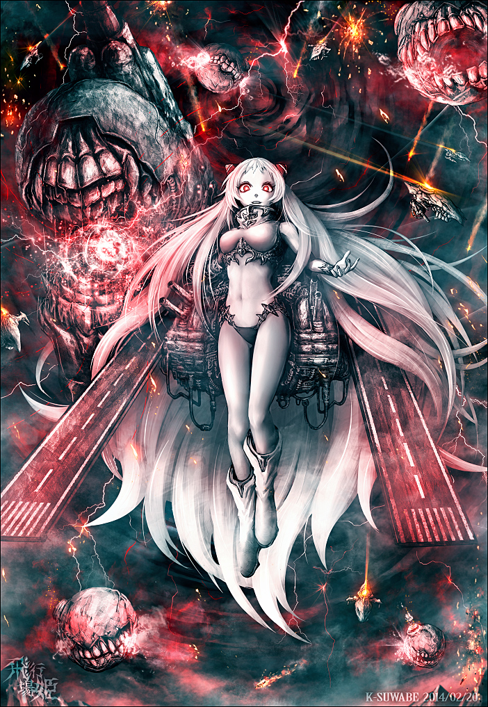 2014 absurdly_long_hair airfield_hime ankle_boots armor artist_name bikini_armor boots breasts character_name enemy_aircraft_(kantai_collection) energy escort_fortress_(kantai_collection) explosion full_body horns kantai_collection kei-suwabe lightning long_hair looking_at_viewer machinery medium_breasts monster navel number open_mouth pale_skin parted_lips red_eyes revision runway shinkaisei-kan silver_hair smile smoke solo_focus teeth turret very_long_hair white_footwear white_hair