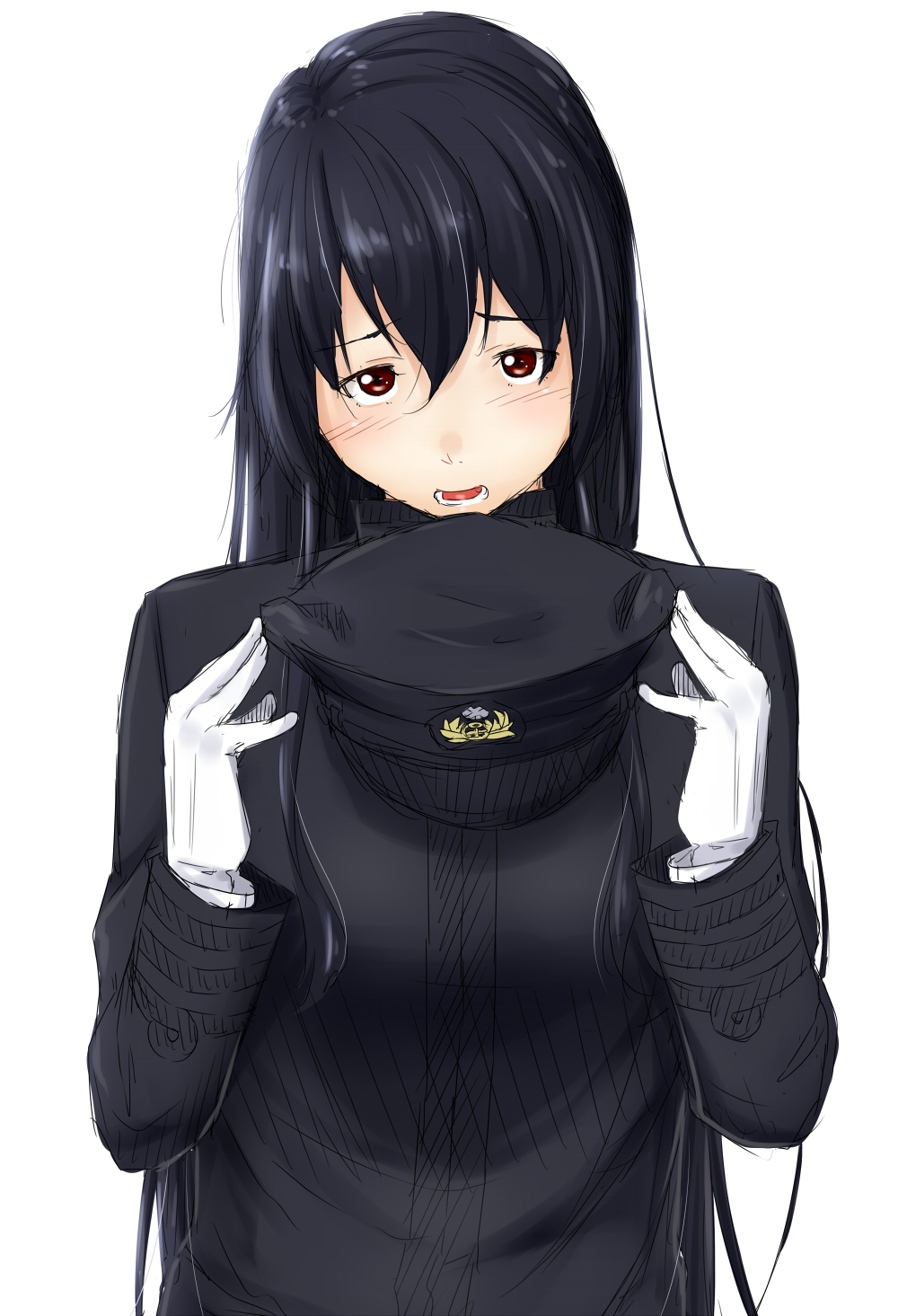 anchor_symbol black_hair breasts brown_eyes female_admiral_(kantai_collection) gloves hair_between_eyes hat hat_removed headwear_removed highres holding holding_hat jacket kantai_collection long_hair long_sleeves looking_at_viewer medium_breasts military military_hat military_uniform niwatazumi open_mouth peaked_cap sidelocks solo tatebayashi_sakurako uniform upper_body white_background white_gloves