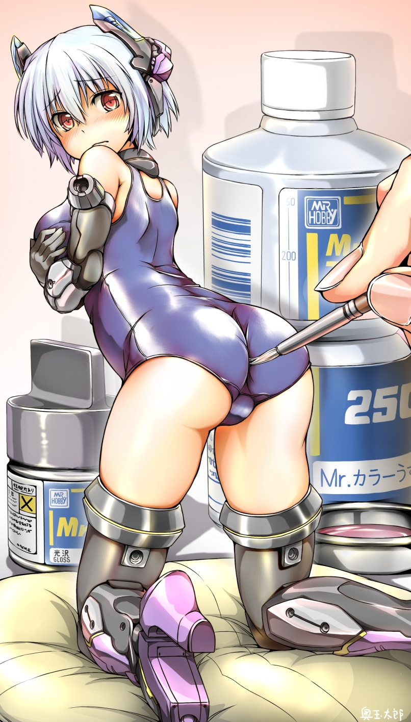 arched_back artist_name ass barcode bare_shoulders blue_hair blush bottle breasts cushion embarrassed english eyebrows_visible_through_hair fingernails frame_arms_girl from_behind frown gradient gradient_background headgear high_heels highres holding holding_paintbrush hresvelgr kneeling looking_back mecha_musume medium_breasts nose_blush number okutama_tarou one-piece_swimsuit out_of_frame paintbrush red_eyes school_swimsuit silhouette solo_focus swimsuit