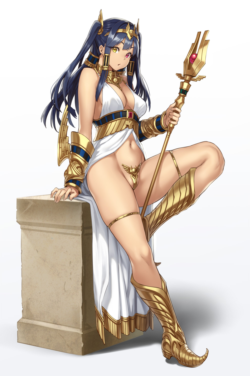 black_hair boots breasts c-string egyptian egyptian_clothes egyptian_mythology gold hair_tubes heterochromia highres horus_(houtengeki) houtengeki jewelry knee_up large_breasts leaning_on_object long_hair looking_at_viewer multicolored multicolored_eyes navel original partially_visible_vulva pedestal quad_tails red_eyes sidelocks simple_background sitting solo staff standing white_background yellow_eyes