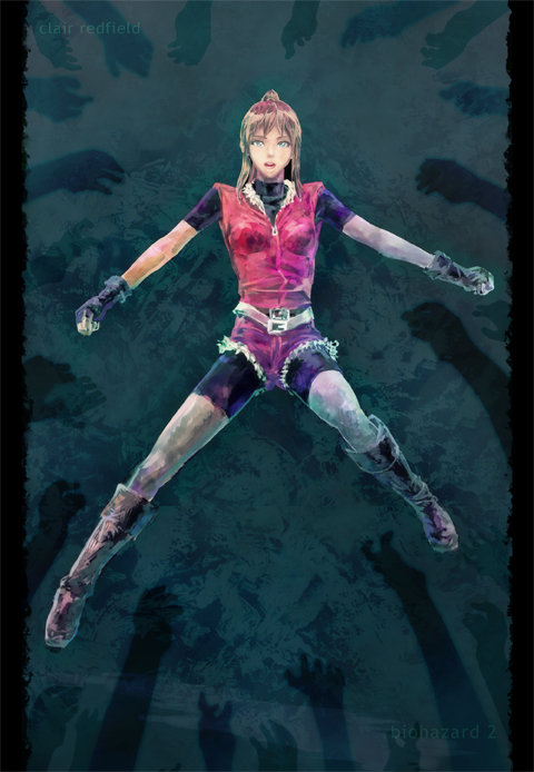 belt bike_shorts blue_eyes boots breasts brown_hair claire_redfield denim fingerless_gloves full_body gloves knee_boots long_hair medium_breasts ponytail resident_evil resident_evil_2 sidelocks solo tamago_tomato