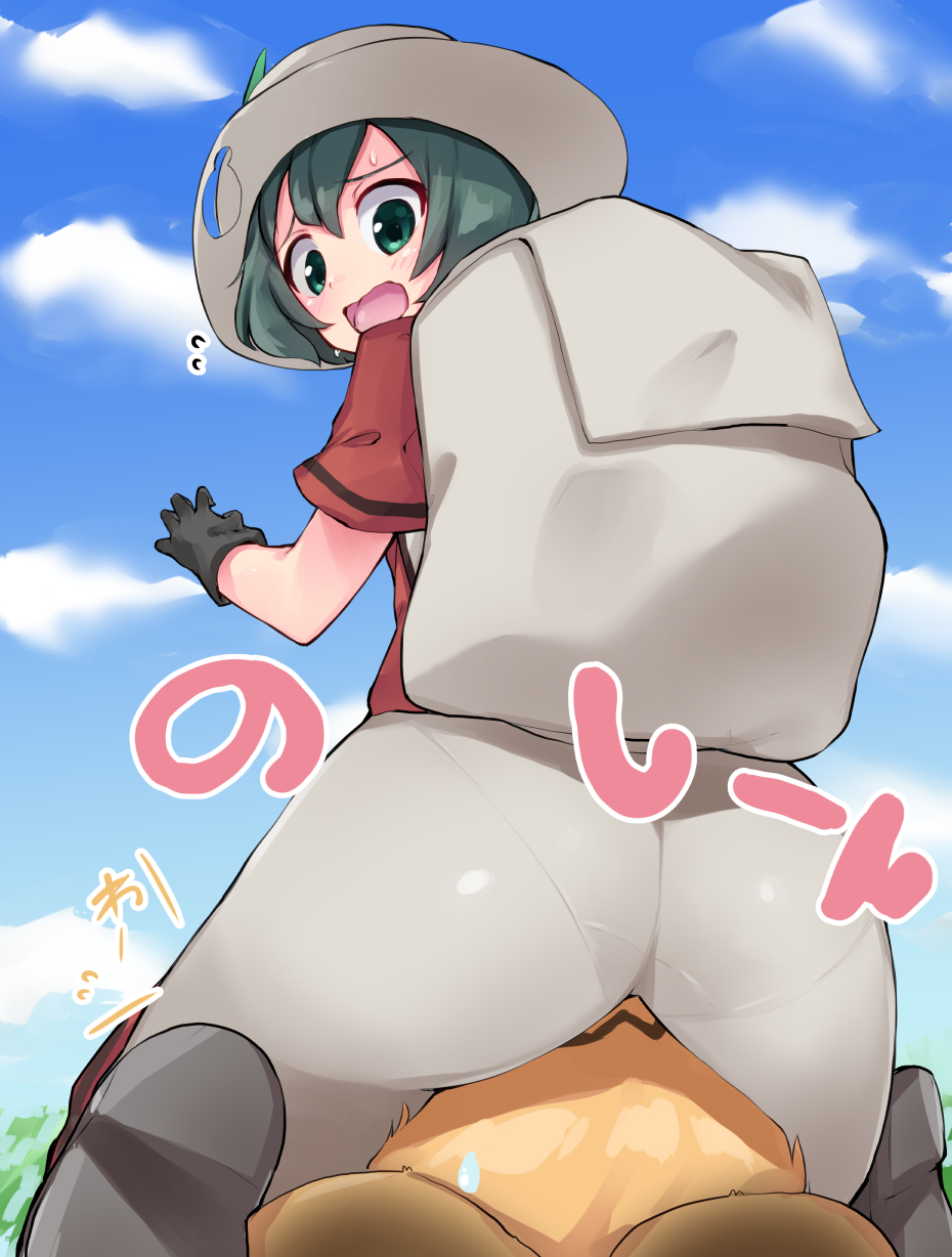animal_ears backpack bag black_gloves black_hair blonde_hair cloud commentary_request day debutya_aki flying_sweatdrops gloves hair_between_eyes hat hat_feather helmet highres kaban_(kemono_friends) kemono_friends looking_back multiple_girls open_mouth pantylines pith_helmet red_shirt serval_(kemono_friends) serval_ears shirt short_hair sitting sitting_on_face sitting_on_person sky translation_request wavy_hair wavy_mouth