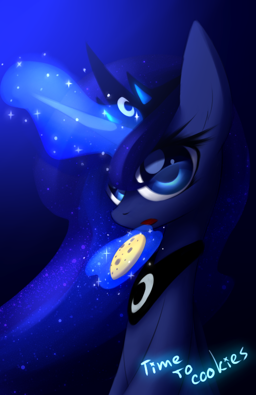 blue_eyes blue_fur blue_hair cookie english_text equine eyelashes female feral food friendship_is_magic fur hair horn magic mammal my_little_pony princess_luna_(mlp) queenbloodysky simple_background solo text unicorn