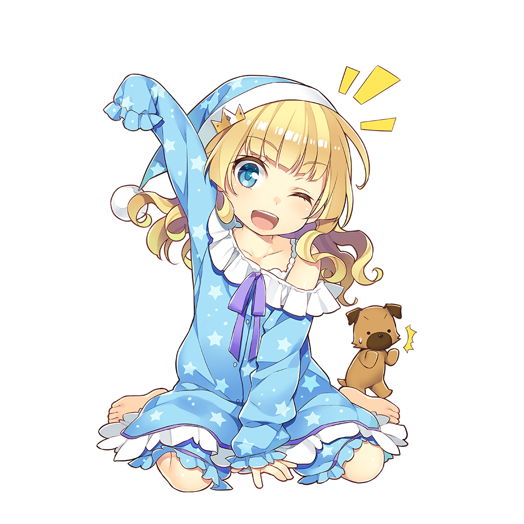 ;d amelie_mcgregor barefoot blonde_hair blue_eyes child dog full_body hat long_hair looking_at_viewer mmu off_shoulder official_art one_eye_closed open_mouth pajamas simple_background sitting sleeves_past_wrists smile solo star star_print uchi_no_hime-sama_ga_ichiban_kawaii wariza wavy_hair white_background younger