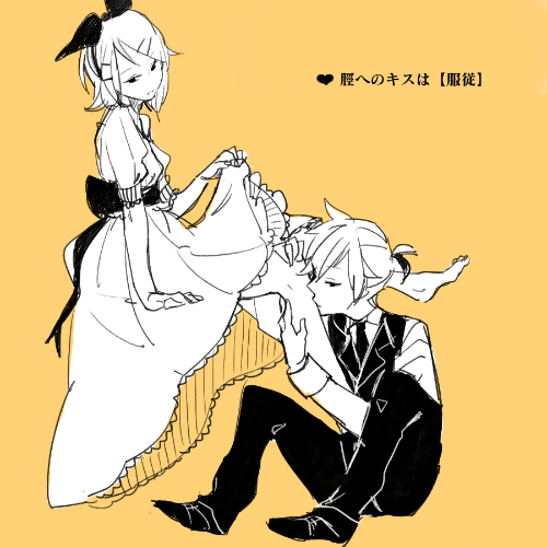 1girl aku_no_meshitsukai_(vocaloid) aku_no_musume_(vocaloid) allen_avadonia bare_legs barefoot bow brother_and_sister dress dress_lift evillious_nendaiki hair_bow hair_ornament hairclip half-closed_eyes incest kagamine_len kagamine_rin leg_hug leg_kiss looking_at_viewer lowres michiko_(nohohon-ya) monochrome necktie orange_background parted_lips riliane_lucifen_d'autriche sexually_suggestive short_hair siblings sitting sketch sleeveless_blazer topknot twincest twins vocaloid