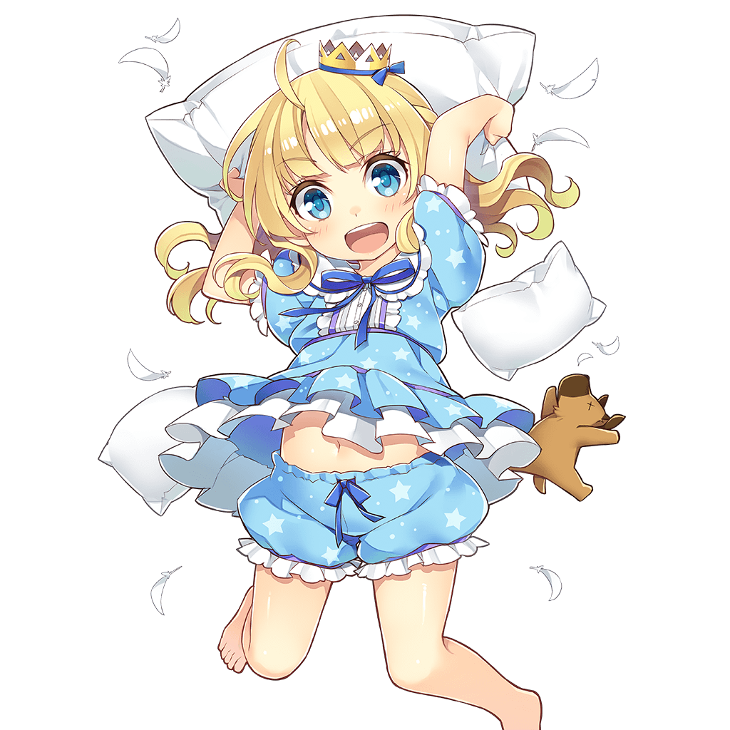 :d amelie_mcgregor barefoot blonde_hair bloomers blue_eyes braid carrying_overhead child crown dog eyebrows_visible_through_hair feathers floating_hair french_braid holding holding_pillow long_hair looking_at_viewer mmu navel official_art open_mouth pajamas pillow round_teeth smile solo star star_print teeth transparent_background uchi_no_hime-sama_ga_ichiban_kawaii underwear wavy_hair younger