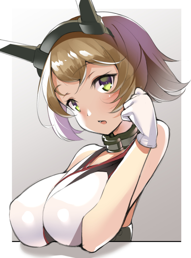 bad_id bad_pixiv_id bare_shoulders border breasts brown_background cleavage collarbone colorized crop_top eyebrows_visible_through_hair flipped_hair gloves green_eyes hair_between_eyes hand_on_own_cheek headgear kantai_collection kurogoma_(haruhi3) large_breasts light_brown_hair looking_at_viewer mutsu_(kantai_collection) open_mouth outside_border short_hair sleeveless solo twitter_username upper_body white_border white_gloves